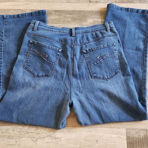 Women's Tummy Control Blue Denim Jeans Size 14P Short Flattering Style Straight